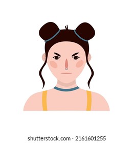 Flat hand drawn illustration. Portrait of an european girl with septum piercing isolated on white background 