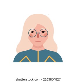 Flat hand drawn illustration. Portrait of an european girl with glasses isolated on white background 