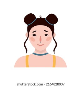 Flat hand drawn illustration. Portrait of an european girl with septum piercing isolated on white background 