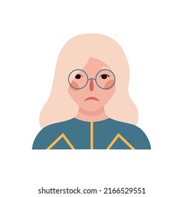 Flat hand drawn illustration. Portrait of an european girl with glasses isolated on white background 