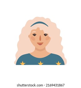 Flache, handgezeichnete Illustration. Portrait eines blonden Mädchens einzeln auf weißem Hintergrund 