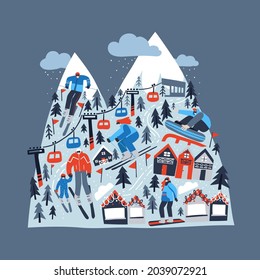 Flat hand drawn illustration of a ski resort with skiers and snowboarders. Isolated vector illustration for cards, posters, social media.