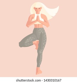 Flat hand drawn illustration. Strong woman doing yoga. Vrksasana, tree pose. Healthy lifestyle, exercise, yoga workout. Vector background.