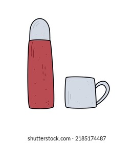 Flat hand drawn illustration. Thermos with cup isolated on white background 