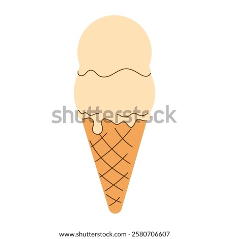 Flat hand drawn image of two scoops of ice cream soft, melted vanilla classic creamy in waffle cone isolated on transparent background. Summer flavor creme brulee. Minimalistic vector illustration EPS