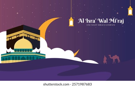 Flat Hand Drawn Isra Mi'raj Illustration. Islamic Celebration Day Concept: Celebrate the Night of Travel of Prophet Muhammad in Rajab with Al Aqsa Mosque and Kaaba. Design for Background, Wallpaper