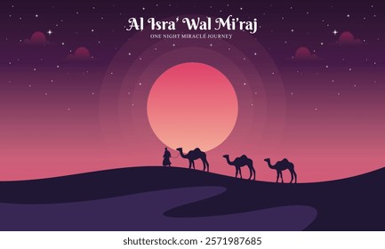 Flat Hand Drawn Isra Mi'raj Illustration. Islamic Celebration Day Concept: Celebrate the Night of Travel of Prophet Muhammad in Rajab with Al Aqsa Mosque and Kaaba. Design for Background, Wallpaper