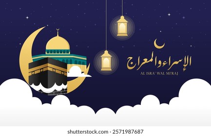 Flat Hand Drawn Isra Mi'raj Illustration. Islamic Celebration Day Concept: Celebrate the Night of Travel of Prophet Muhammad in Rajab with Al Aqsa Mosque and Kaaba. Design for Background, Wallpaper