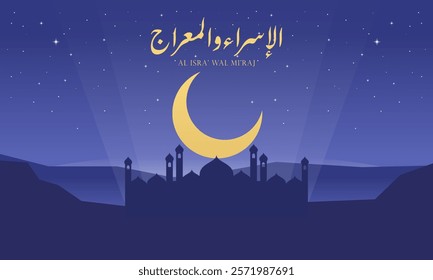 Flat Hand Drawn Isra Mi'raj Illustration. Islamic Celebration Day Concept: Celebrate the Night of Travel of Prophet Muhammad in Rajab with Al Aqsa Mosque and Kaaba. Design for Background, Wallpaper