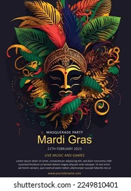 flat hand drawn Mardi gras illustration, vertical poster template.