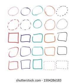 Élément marqueur dessiné à la main plat. Image vectorielle cercle dessiné à la main. Frames collection de doodles. Un marqueur de stylo en surbrillance. Rectangle coloré, illustration circulaire.