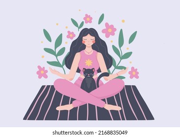 Flat hand drawn Meditating woman and cat sitting in lotus pose with closed eyes. Yoga Practice and self care at home concept. Vector illustration isolated on white background