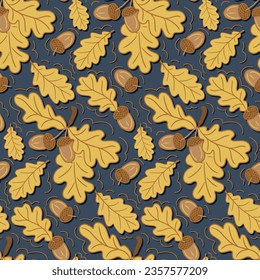 Flat hand drawn oak leaves seamless pattern on dark background. Vector isolated autumn yellow leaves and acorns. Cartoon botany design. Perfect for wrapping paper, textile, home decor