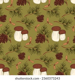 Flat hand drawn pattern with boletus, pine tree and cones. Vector cartoon autumn plants on dark green background. Autumn botany design for textile, decoration, wrapping paper, banner, social media