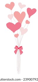Flat hand drawn Pink Heart balloons. Vector illustration of Balloons Bunch isolated on white background. Valentine day art greeting object. Template for Postcard, Placard, Poster with Symbol of Love