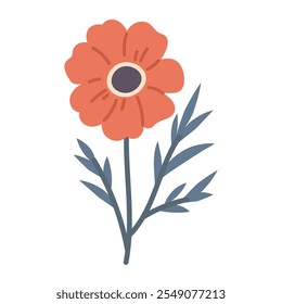 Papoila desenhada à mão plana sobre fundo branco. Flor selvagem isolada. Elemento floral vetorial