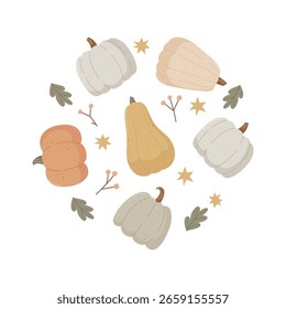 Mão plana desenhada arranjo redondo de abóboras pastel, queda folhagem, estrelas douradas, e bagas. Ilustração de outono acolhedor elegante, ideal para cartões de saudação sazonais, projetos de Ação de Graças, cartazes e