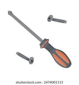 Flat hand drawn screw driver and screws illustration. Vector drawing of useful tool isolated on white background. Repairing and Sustainability, upgrade concept