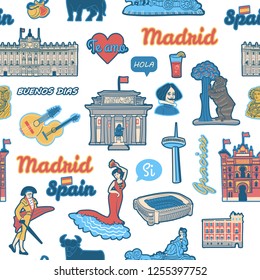 Flat hand drawn seamless color pattern inspired Spain and its capital city - Madrid. Modern cartoon vector texture with famous symbols, landmarks and text phrases for print