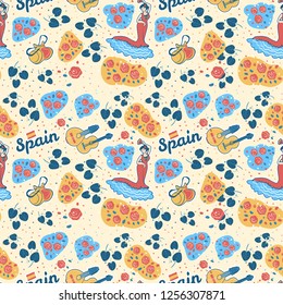Flat hand drawn seamless color pattern inspired Spain and its musical culture. Modern cartoon vector texture with flamenco dancer, guitar, bandurria, costanets and rose flowers