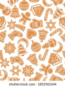flat hand drawn seamless Design for Christmas and New year Pattern sweet gingerbread cookies. For wallpaper, textile, backdrop, wrapping paper. Pattern design. Holiday  style scandinvian background.