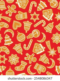 flat hand drawn seamless Design for Christmas and New year Pattern sweet gingerbread cookies. For wallpaper, textile, backdrop, wrapping paper. Pattern design. Holiday  style scandinvian background.