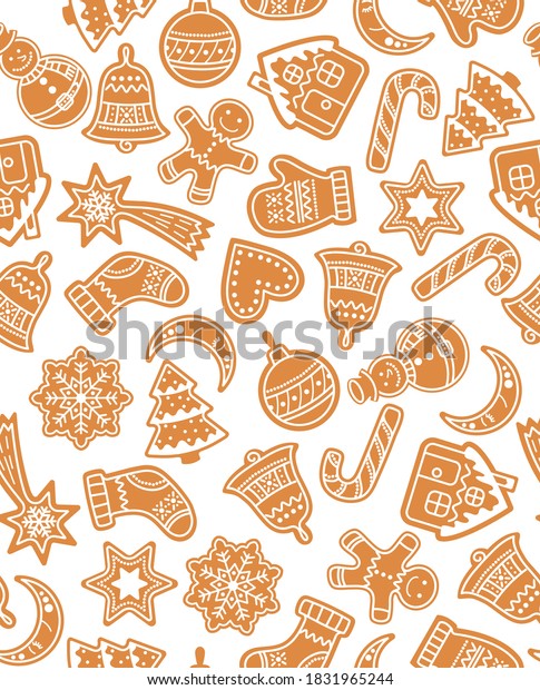 flat hand drawn seamless Design for Christmas\
and New year Pattern sweet gingerbread cookies. For wallpaper,\
textile, backdrop, wrapping paper. Pattern design. Holiday  style\
scandinvian background.
