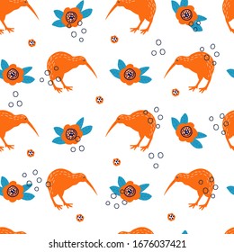 Flat hand drawn seamless pattern with birds of New Zealand as kiwi. Kid textile, wrapping paper, background 