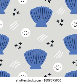 Flat hand drawn seamless pattern with cute little pearls and sea shells. Sea wallpaper, textile, texture design, package design.