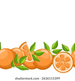 Flat hand drawn seamless vector border with oranges, including whole fruits, halves, and green leaves. Bright citrus design on a white background, perfect for summer and food themed layouts
