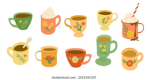 Flat hand drawn set of colorful cups with tea and coffee beverages and abstract flowers. Vector clipart for posters, cards, stickers. Hand drawn illustration isolated on white background