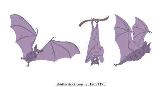 Flat hand drawn set of cute Halloween bats. Hanging, flying animal isolated on white background. Spooky design for autumn holiday. Good for stickers, decoration