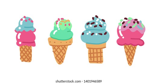 Flat hand drawn set of ice cream in waffle cones and cups. Dessert food. Set of various types simple ice cream with toppings bright color sketches .Vector illustration isolated on white background