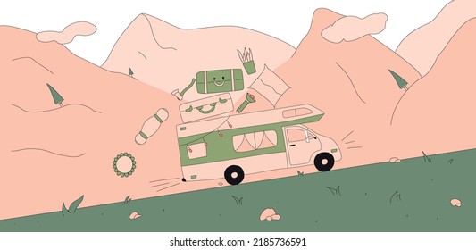 Flat hand drawn set of illustrations with stroke. Rv trailer rides outdoors. Dymanic composition camping