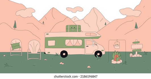 Flat hand drawn set of illustrations with stroke. Camping with rv trailer outdoors. Static composition