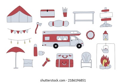 Flat hand drawn set of illustrations with stroke. Camping in mothorhome elements set isolated on white background
