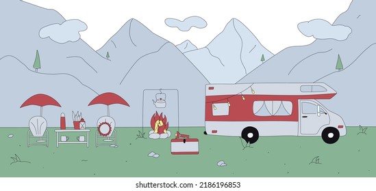 Flat hand drawn set of illustrations with stroke. Camping with rv trailer outdoors. Static composition