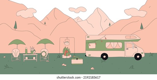 Flat hand drawn set of illustrations with stroke. Camping with rv trailer outdoors. Static composition