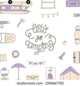 Flat hand drawn set of illustrations with shifted stroke. Camping elements set isolated on white background