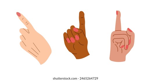 Flat hand drawn set of multiracial hands pointing up. Diverse body language. Vector flat doodle illustrations isolated on white background