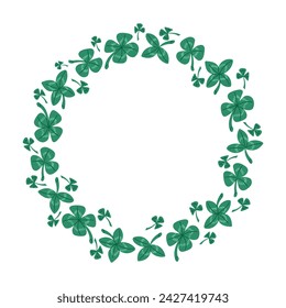 Flat hand drawn shamrock leaves wreath. Irish traditional element. St Patricks Day decoration. Unique print design