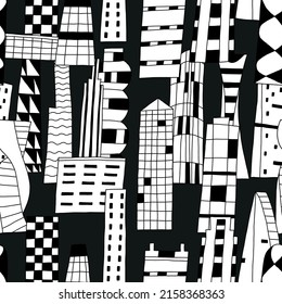 Flat hand drawn skyscrapers seamless pattern. Exterior of modern city buildings. Residential and business office houses. Downtown facades.