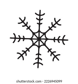 Flache handgezeichnete Silhouettengrafik mit Schneeflocken. Weihnachtsschmuck einzeln auf weißem Hintergrund