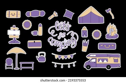 Flat hand drawn sticker set of illustrations with stroke. Camping with rv trailer elements isolated on dark background