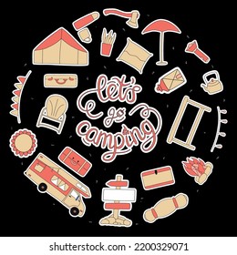 Conjunto de etiquetas dibujadas a mano plana de ilustraciones con trazo. Camping con elementos del remolque rv aislados en el fondo oscuro