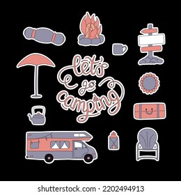 Flat hand drawn sticker set of illustrations with stroke. Camping with rv trailer elements isolated on dark background