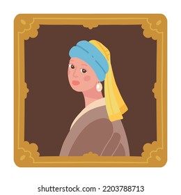 Flat hand drawn style interpretation of Girl with a pearl earring by Vermeer. Stylized Fine Art. Canvas in golden museum frame. Vector illustration