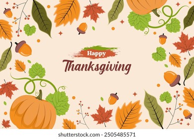 Flat hand drawn thanksgiving celebration background with pumpkins, nuts, and leaf design for autumn background template