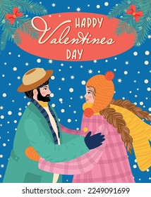 Flat hand drawn valentines day greeting card. Loving couple of young man and woman.