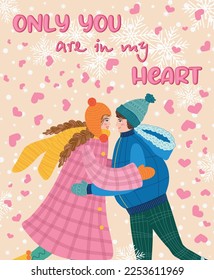 Tarjeta de saludo de día con tarjetas planas de San Valentín dibujadas a mano. Amante pareja de jóvenes y mujeres.